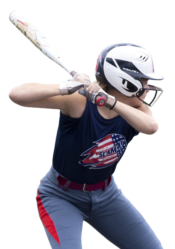 Softball player poised to swing, wearing a helmet and a "Slam" logo shirt. The background is black, highlighting focus and determination.